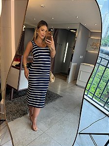 Vestido Midi Abertura Listras Azul Marinho