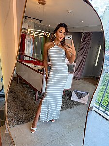 Vestido Longo Alça X Listra Cinza