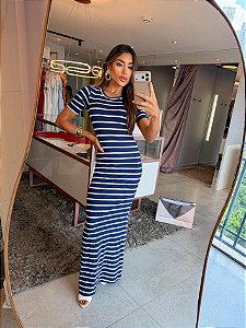 Vestido Longo MC Listras Azul Marinho