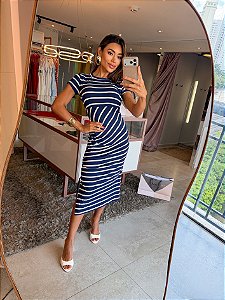 Vestido Midi Listra Franzido Azul Marinho