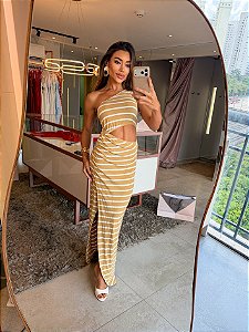 Vestido Longo Listra Abertura Camel