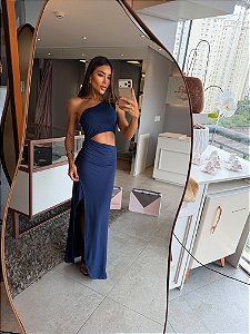 Vestido Longo Fenda Rom Azul Marinho