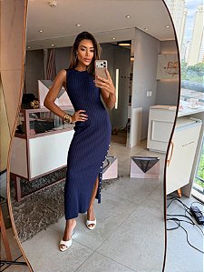 Vestido Longo Botoes Azul Marinho