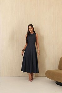 Vestido Midi Sarja Pesponto Azul