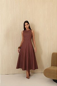 Vestido Midi Sarja Pesponto Marrom