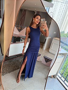 Vestido Longo Drapeado Stella Maris Azul Marinho