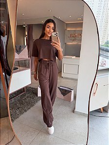 Conjunto Botone Manga Curta Marrom