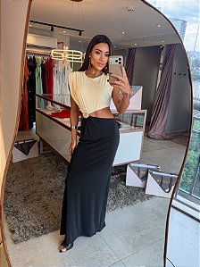 Vestido Longo Bicolor Jersey Preto