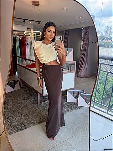 Vestido Longo Bicolor Jersey Marrom