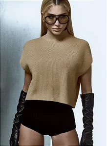 Blusa Tricot Sem Manga Areia