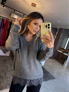 Blusa Tricot Mousse Renda Cinza Chumbo