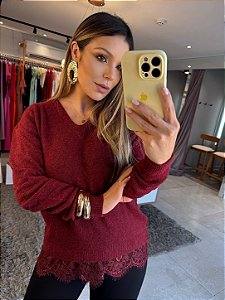 Blusa Tricot Mousse Renda Marsala