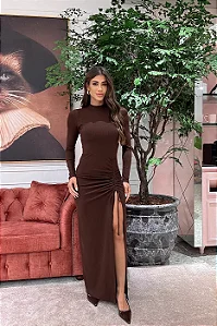 Vestido Fenda Longo Strong Fabri Marrom