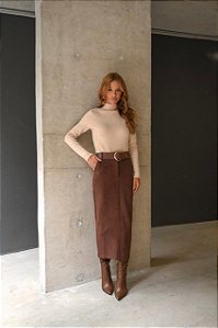 Saia Lápis Suede Camel