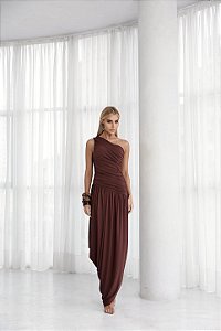 Vestido Saia Drapeada Assimétrica Marrom