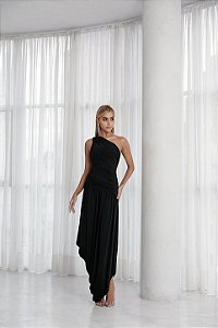 Vestido Saia Drapeada Assimétrica Preto