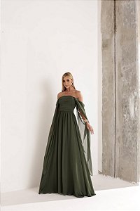 Vestido Longo Manga Drapeada Verde
