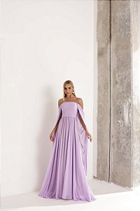 Vestido Longo Manga Drapeada Lilas