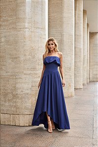 Vestido Longo Busto Pregas Elena Azul