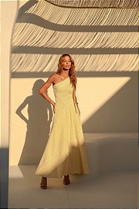 Vestido Longuete Listra Bordada Mallu Amarelo