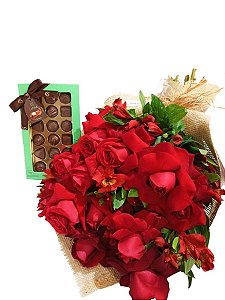 BOUQUET DE 12 ROSAS VERMELHAS COLOMBIANAS NA JUTA CRUA + CHOCOLATE