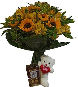 BOUQUET DE GIRASSOL + CHOCOLATE + URSO