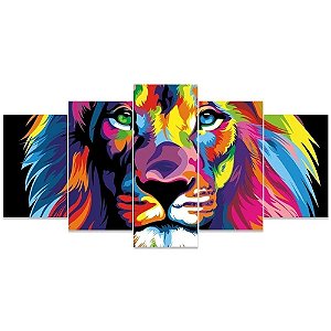 Quadro 5 Peças Leão Colorido Decorativo