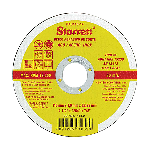 Disco De Corte 115x1,0x22,2 Dac115-14 Para Aço Inox Starrett