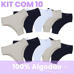 Kit com 10 Tangas Básicas Mari Cintura Alta 100% Algodão