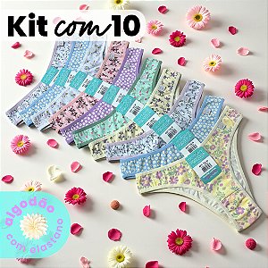 Kit com 10 Tangas Cintura Baixa Estampadas Algodão com Elastano