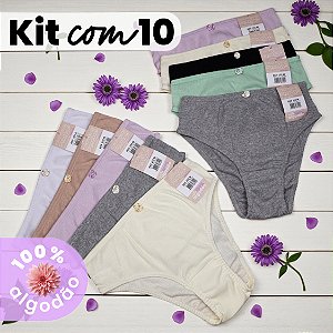 Kit com 10 Calcinhas Laura Malha Canelada 100% Algodão com Elástico Embutido