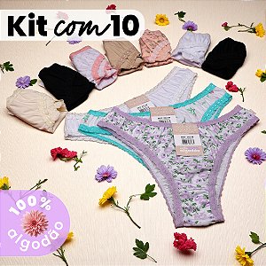 Kit com 10 Tangas Cintura Baixa com Renda 100% Algodão