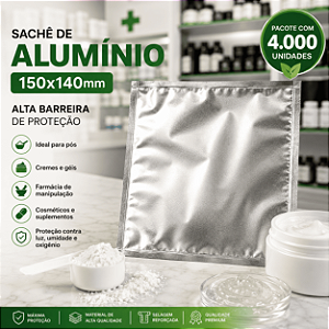 Sachê de Alumínio Laminado 150x140mm Alta Barreira – Pacote com 4000 Unidades para Farmácia e Cosméticos