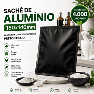 Sachê de Alumínio Preto Fosco 150x140mm Alta Barreira – Pacote com 4000 Unidades para Farmácia e Cosméticos