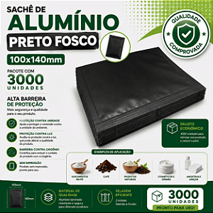Sachê de Alumínio Preto Fosco 100x140mm – Pacote com 3000 Unidades | Alta Barreira de Proteção