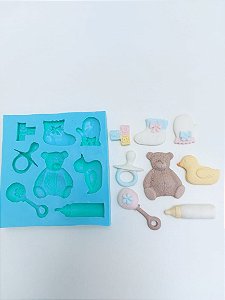 Molde de silicone Tema Chá de Bebê (Modelo 2) urso, pato, luva, mamadeira, chocalho, chupeta, meia e ABC