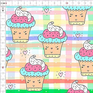 Tecido Avimor Digital Cupcakes Fundo Listras Coloridas
