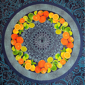 Tecido Digital Souplat Frutas Cítricas Fd Azul Marinho