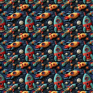 Tecido Tricoline Digital 3D Interestrelar Foguetes 01