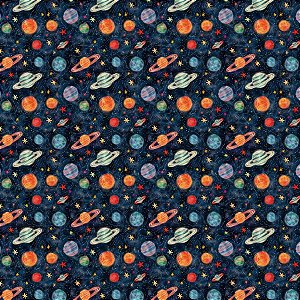 Tecido Tricoline Digital 3D Interestrelar Planetas 01