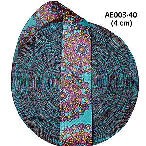 Alça Acetinada Estampada Cor 003 Mandala Petróleo 40mm (4cm) - Toque Macio e Alta Resistência