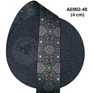 Alça Acetinada Estampada Cor 002 Mandalas Coloridas Fd Preto 40mm (4cm) - Toque Macio e Alta Resistência