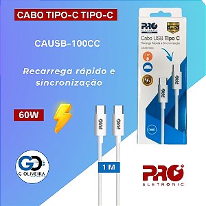 Cabo Tipo C  Tipo C  Carregamento Rapido - 60W - 1 Metro Branco - Proeletronic
