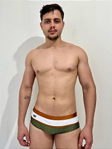 Sunga Slim Tricolor Verde Militar/ Branco/ Dourado MenF5