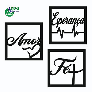 Kit Quadro decorativo motivacional Fe, Amor e Esperança 30x30cm
