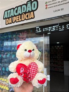 Urso pelúcia coração - BRANCO -20cm