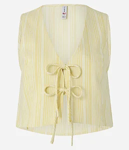 Colete em Algodão com Amarração Frontal e Estampa Listrada Amarelo