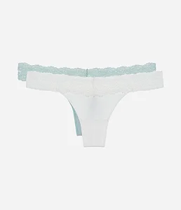 Kit com 2 Calcinhas Biquíni Fio com Detalhes em Renda Branco/ Verde