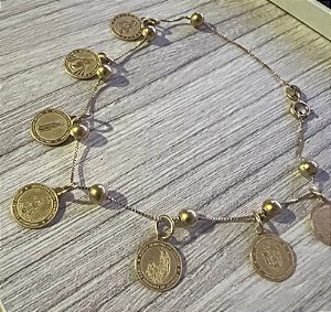 Pulseira de ouro 18k com medalhas religiosas