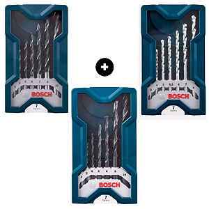 Kit Bosch X-Line com 21 Brocas para Metal, Madeira e Concreto – 3 Jogos com Maletas Organizadoras 7 Peças cada
